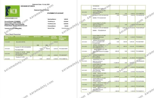 Kenya KCB Bank statement of account Word and PDF template, 2 pages